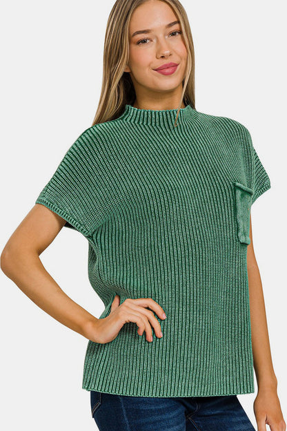 Zenana Washed Mock Neck Short Sleeve Sweater DK GREEN