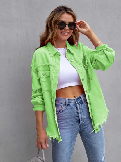 Distressed Drop Shoulder Denim Jacket Yellow-Green