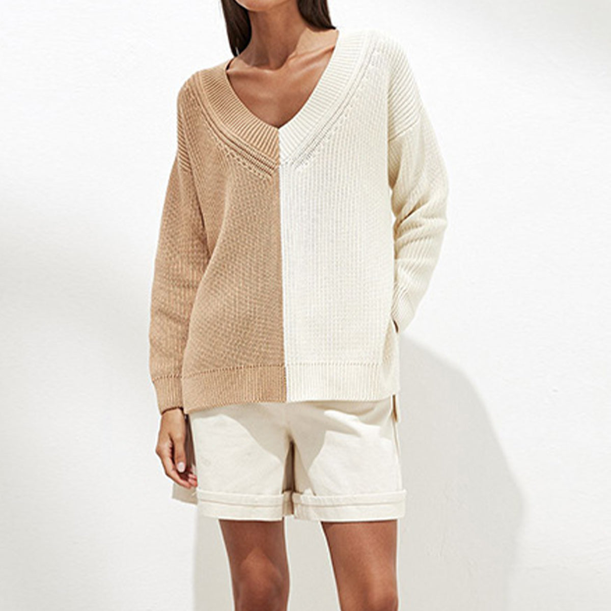 Contrast V-Neck Drop Shoulder Slit Sweater Khaki