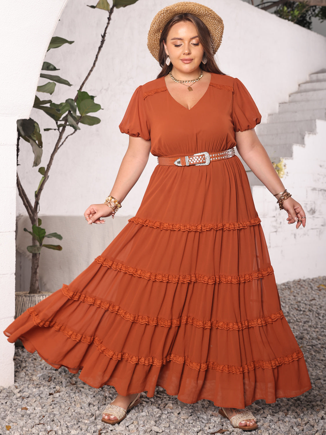 Plus Size Ruched Lace Detail V-Neck Short Sleeve Dress - Thandynie