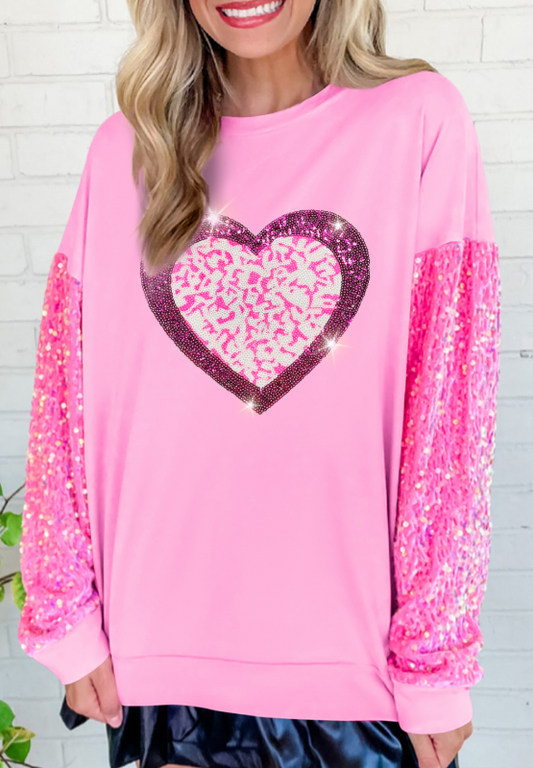 Valentine’s Day Sequin Heart Long Sleeve Sweatshirt Pink