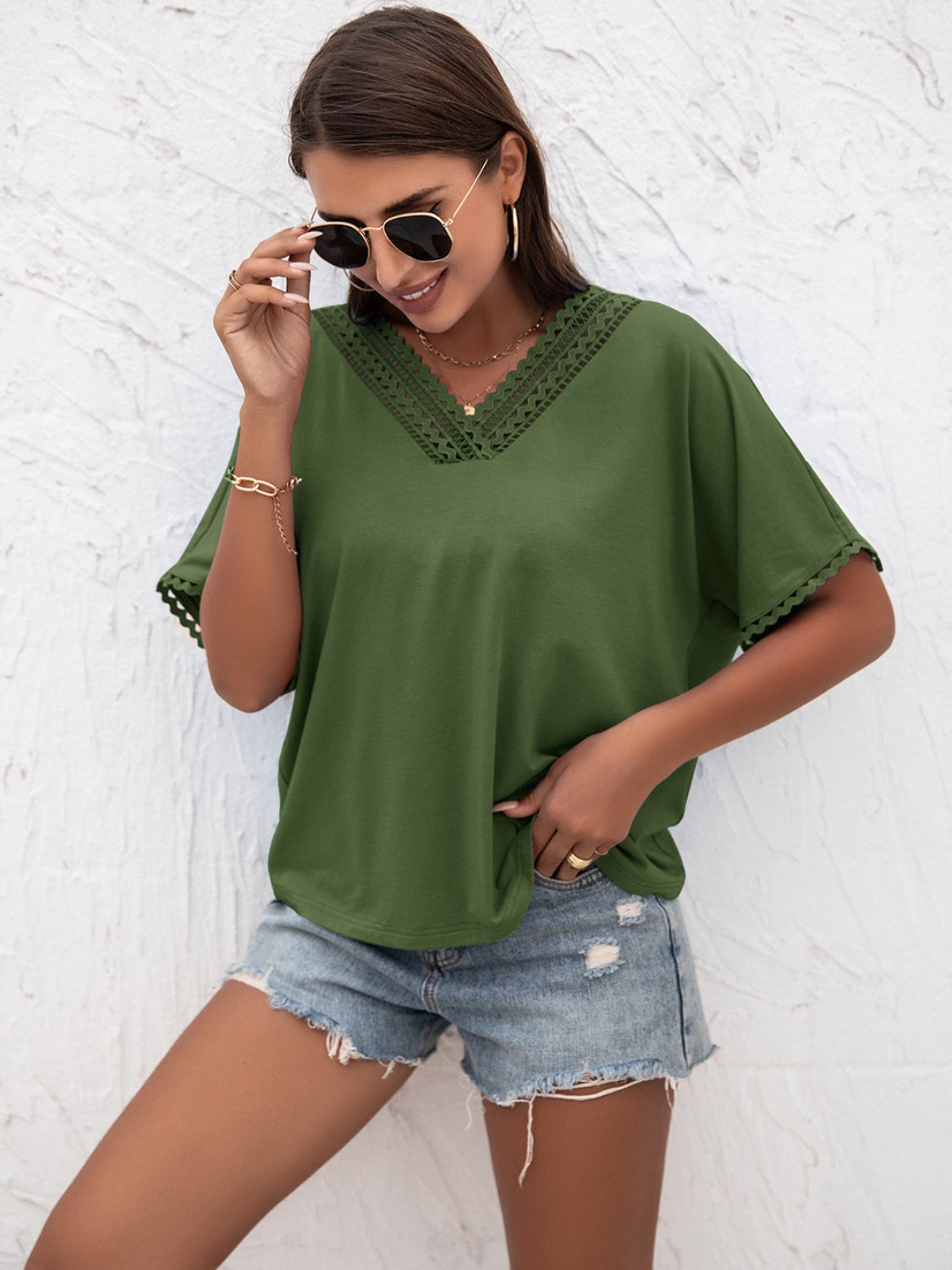 Lace Detail V-Neck T-Shirt Dark Green