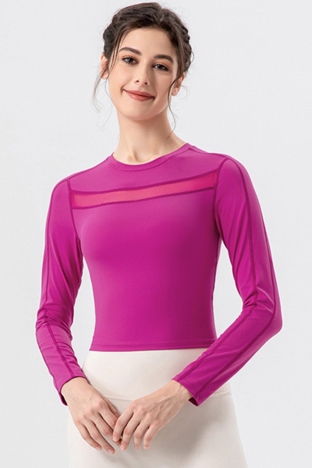 Round Neck Long Sleeve Active T-Shirt Red-Violet