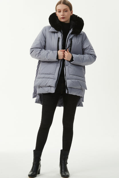 Light Grey Plush Linen Zip Up Hooded Puffer Coat