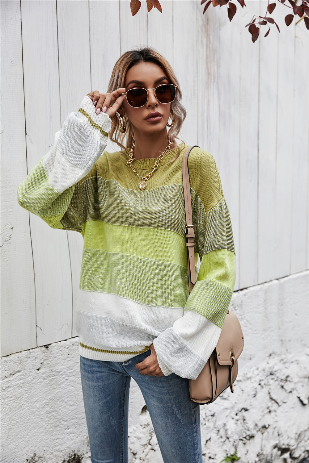 Striped Ribbed Trim Sweater Green