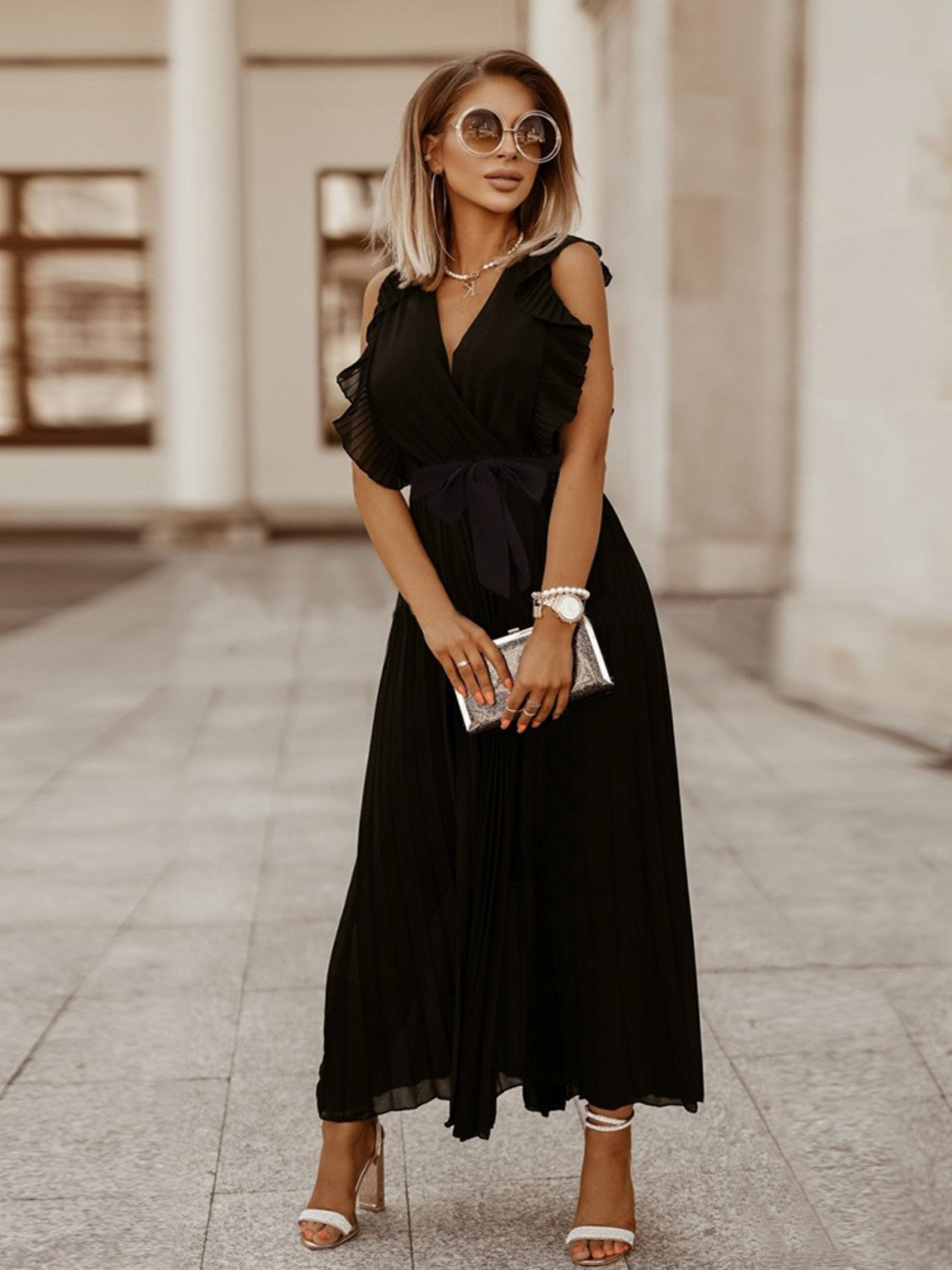 Tied Surplice Cap Sleeve Pleated Dress Black