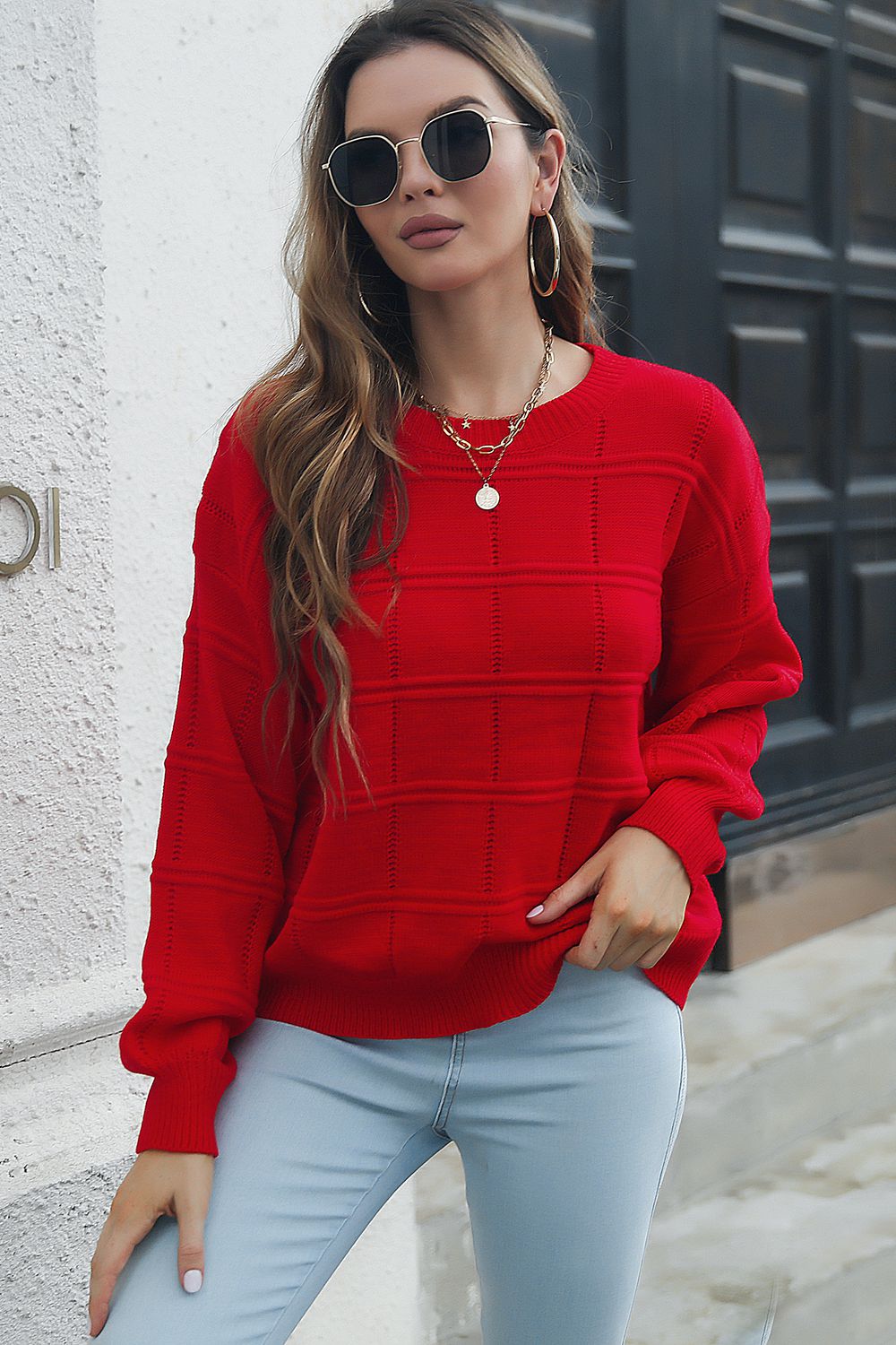 Round Neck Long Sleeve Sweater Deep Red