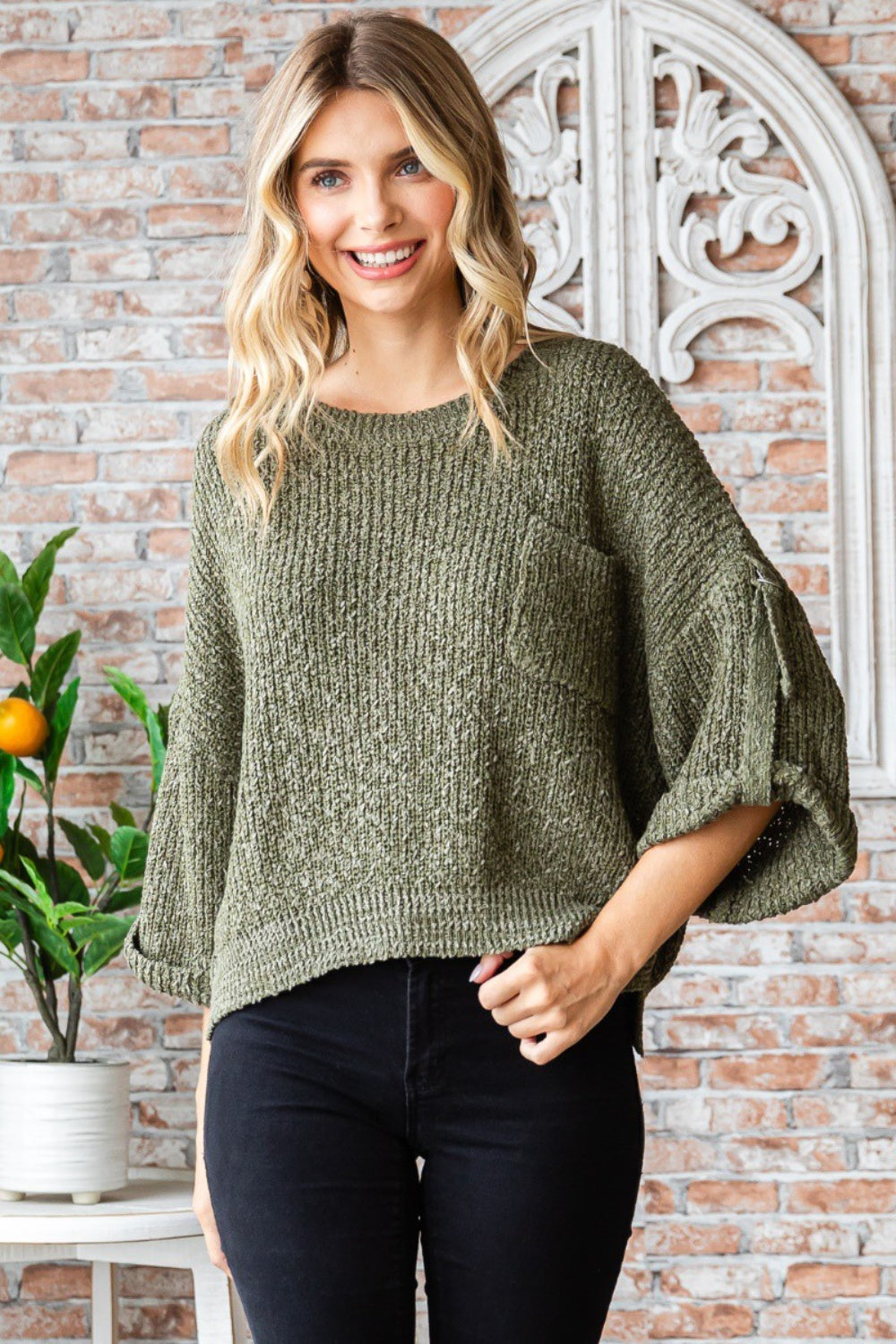 Veveret Round Neck Roll-Up Sweater OLIVE