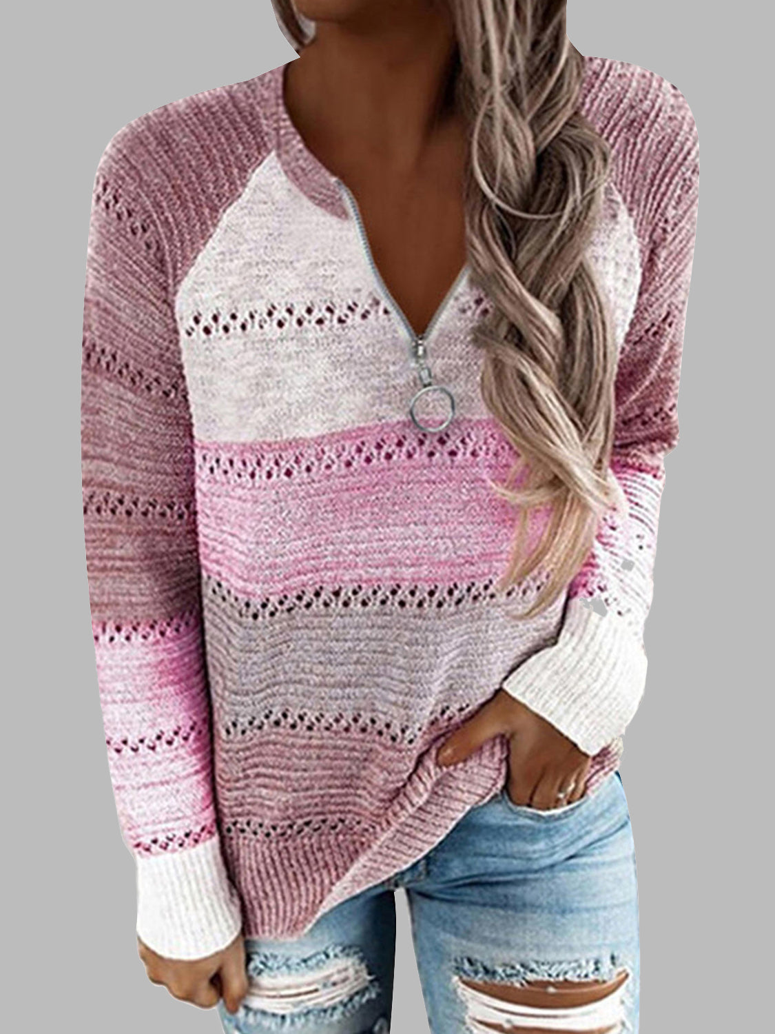 Full Size Color Block Half Zip Sweater Pink