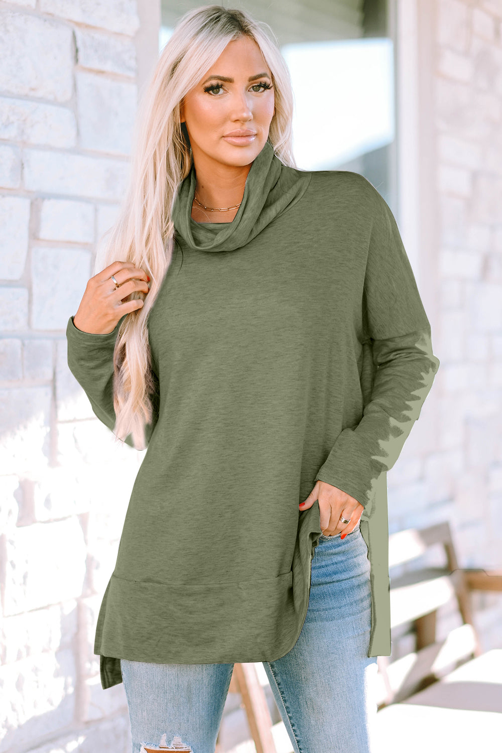 Cowl Neck Long Sleeve Slit Blouse Sage XL