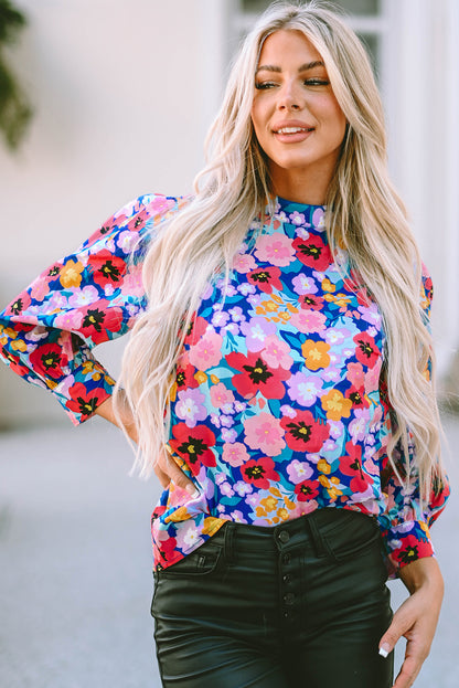 Printed Round Neck Long Sleeve Blouse Floral