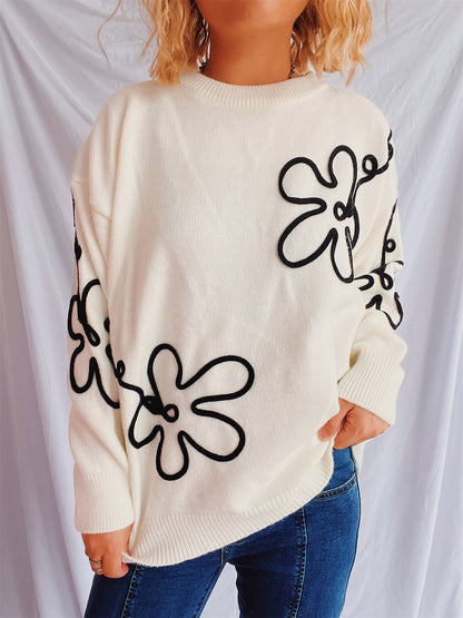 Flower Round Neck Long Sleeve Sweater Beige One Size