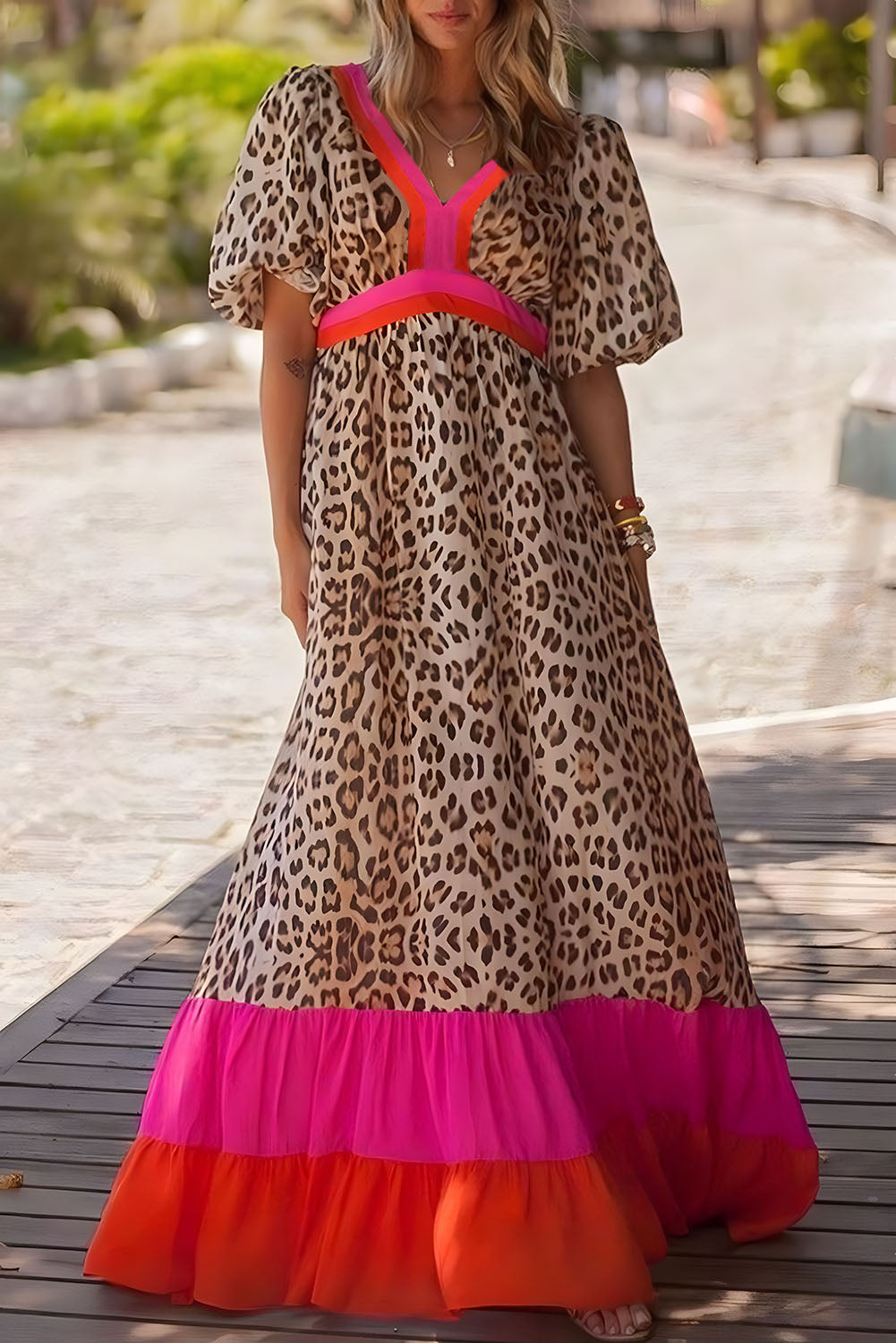 Bright Pink Leopard Colorblock Patchwork Bubble Sleeve Maxi Dress Bright Pink 100%Polyester