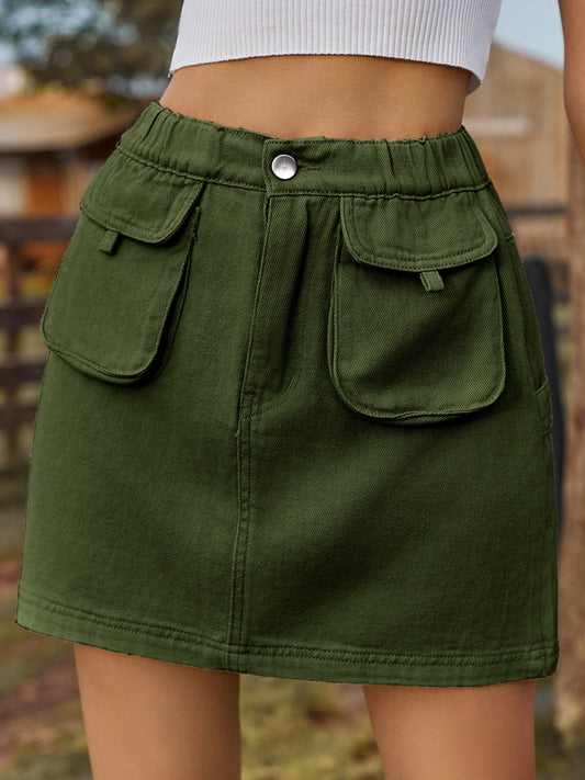 Pocketed Elastic Waist Denim Skirt Dark Green