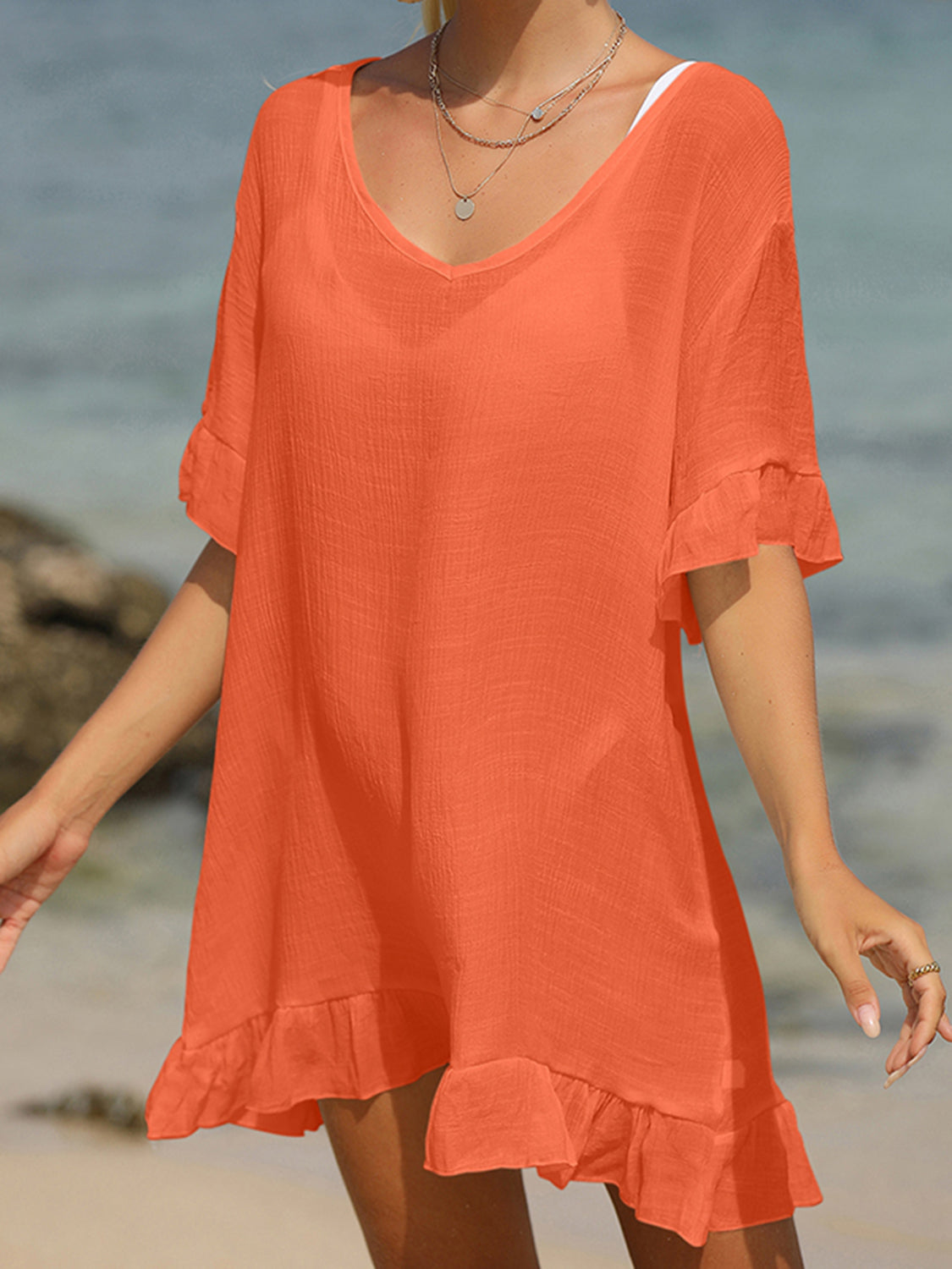 Tied Ruffled Half Sleeve Cover-Up Orange One Size