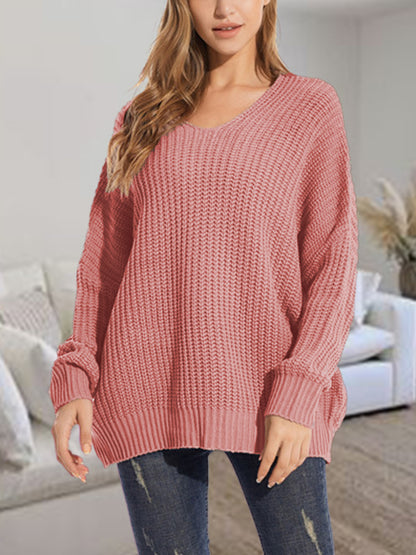 V-Neck Batwing Dropped Shoulder Sweater Dusty Pink