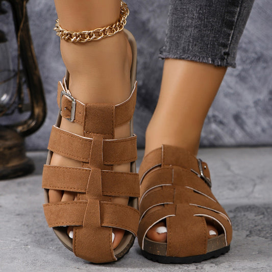 Suede Round Toe Woven Sandals Brown