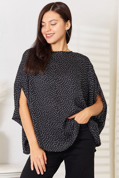 Printed Dolman Sleeve Round Neck Blouse Black