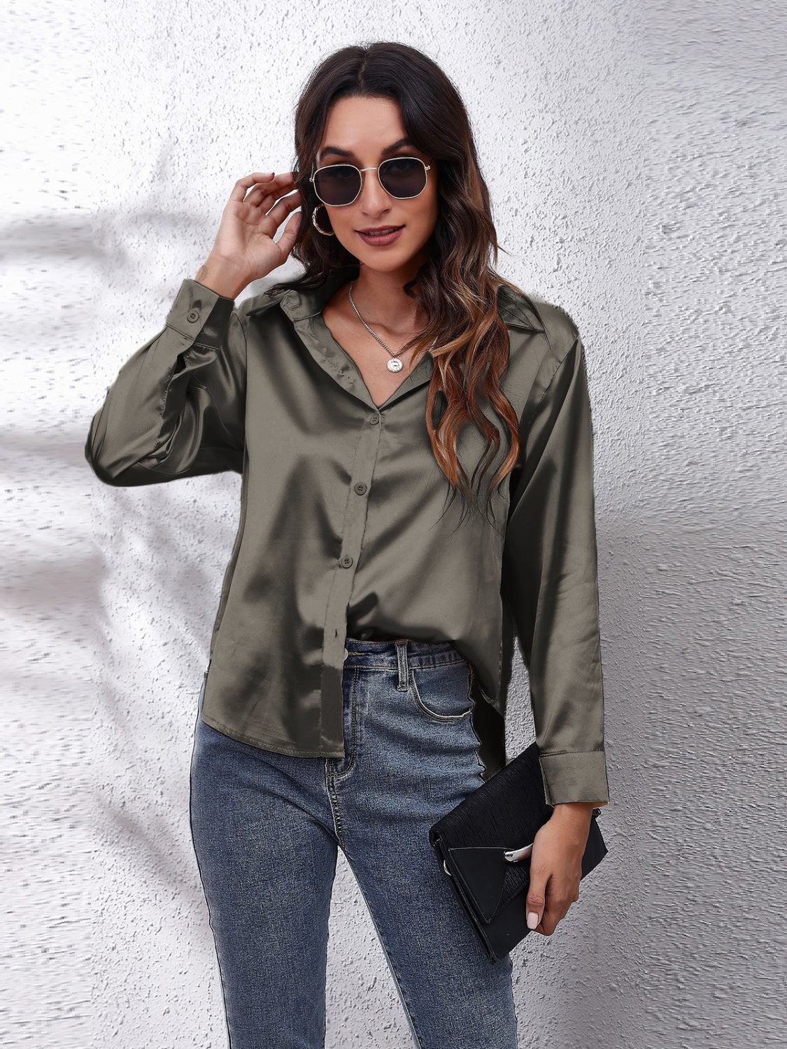 Collared Neck Buttoned Long Sleeve Shirt Dark Gray