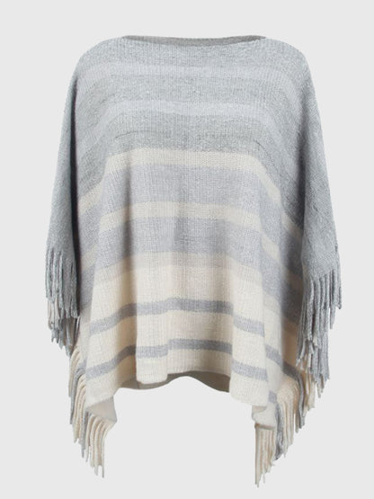 Striped Boat Neck Poncho with Fringes Ivory One Size