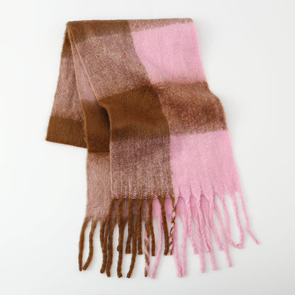 Fringe Contrast Plaid Polyester Scarf Pink One Size