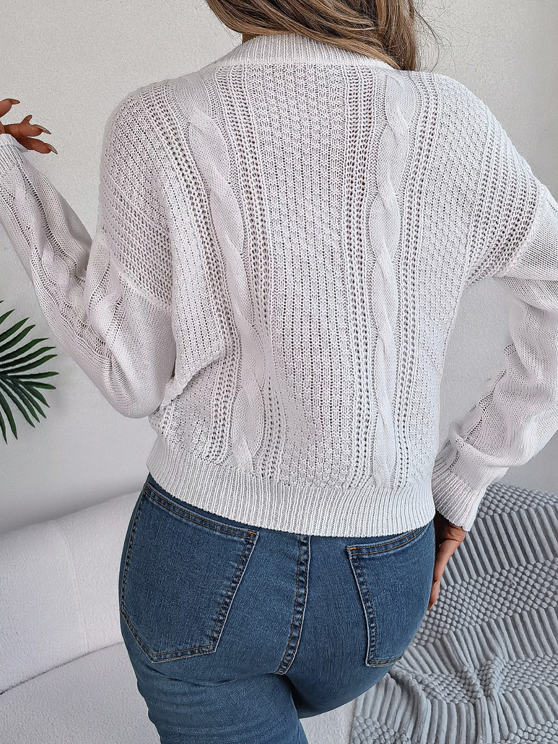 Cable-Knit Buttoned Round Neck Sweater