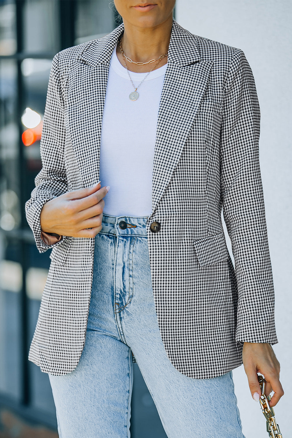 Plaid Lapel Collar Button Cuff Blazer - Thandynie