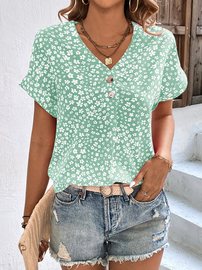 Printed V-Neck Short Sleeve Blouse Gum Leaf