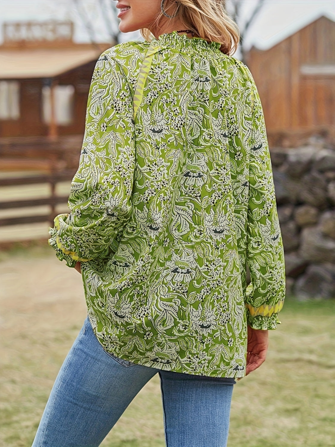 Full Size Printed Notched Long Sleeve Blouse - Thandynie