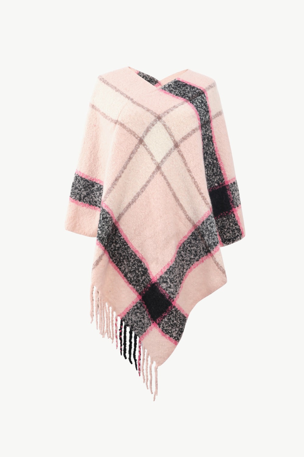 Plaid Fringe Detail Poncho - Thandynie