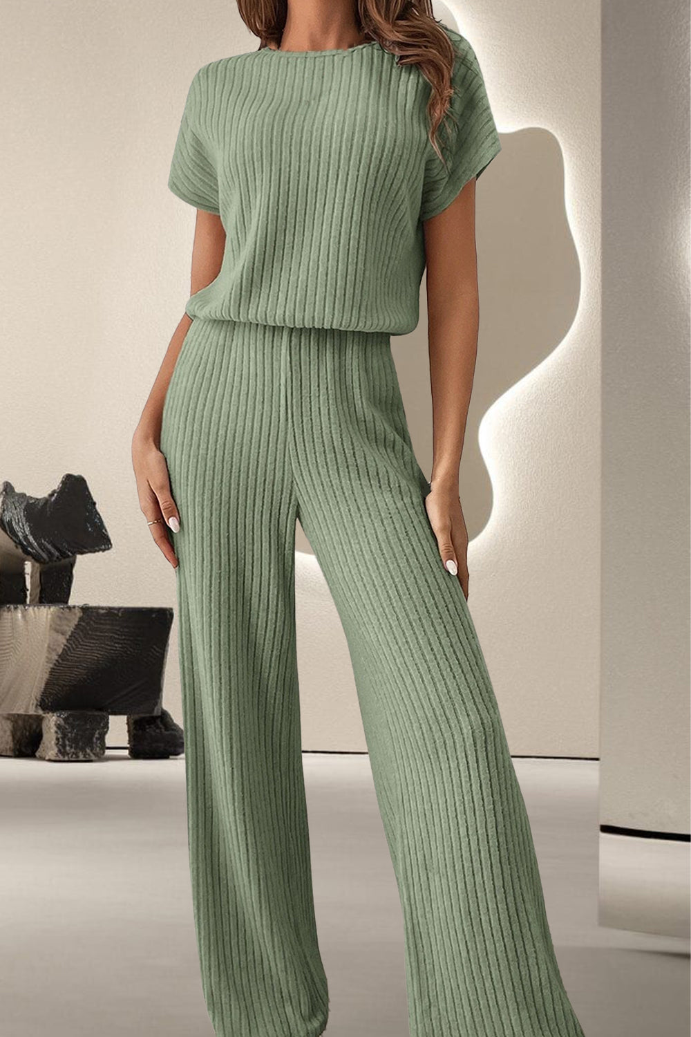 Round Neck Short Sleeve Jumpsuit Sage