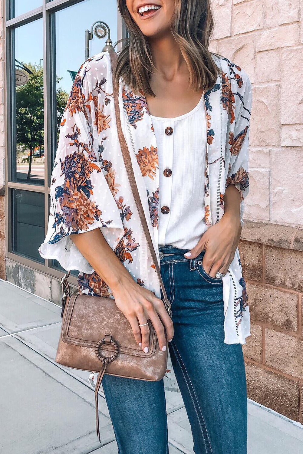 White Floral Print Open Front Bell Sleeve kimono