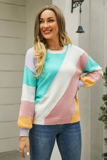 Color Block Round Neck Long Sleeve Sweater Ivory