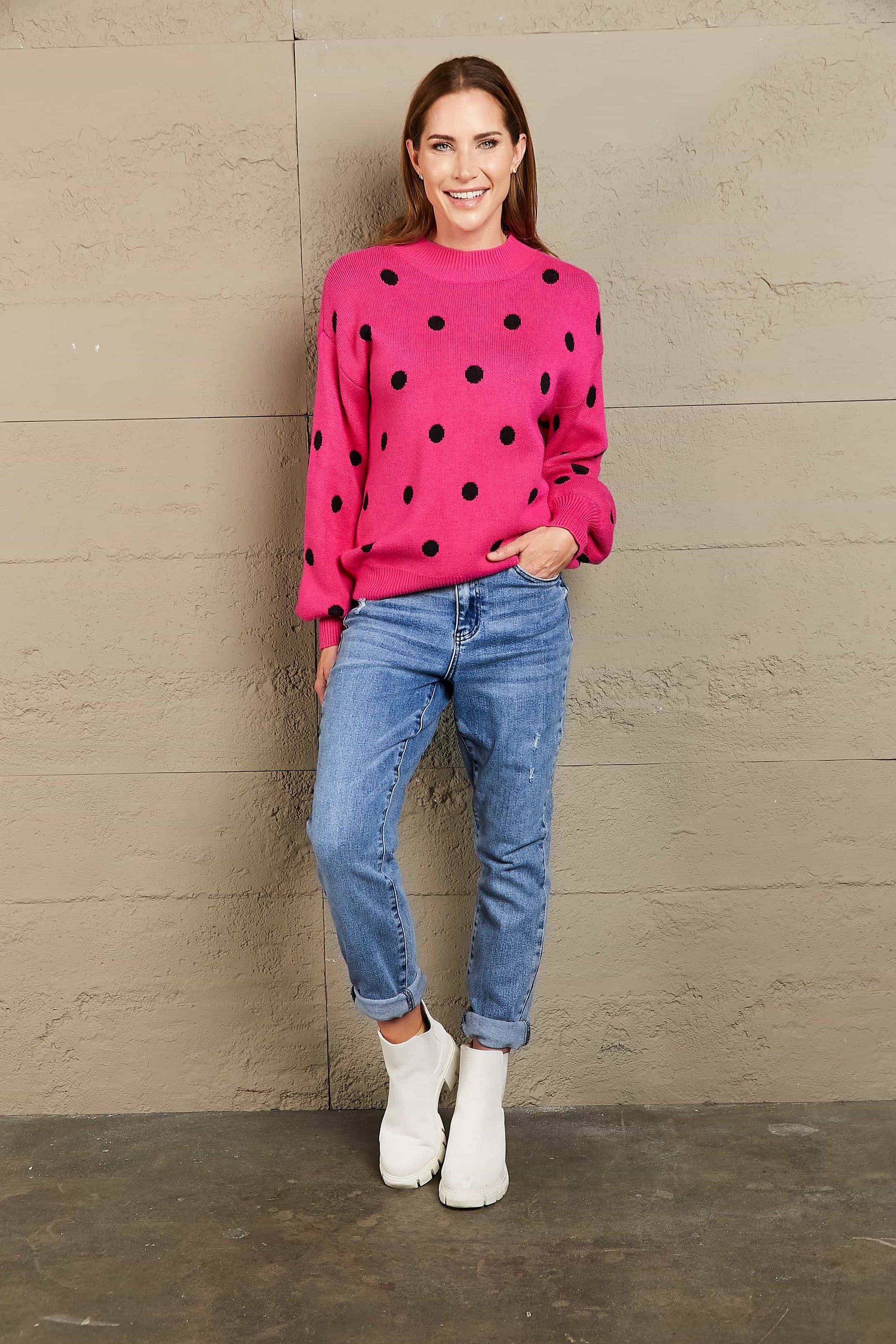 Woven Right Polka Dot Round Neck Dropped Shoulder Sweater