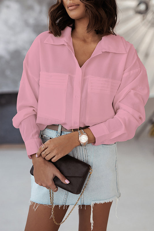 Button Up Collared Neck Long Sleeve Shirt Blush Pink