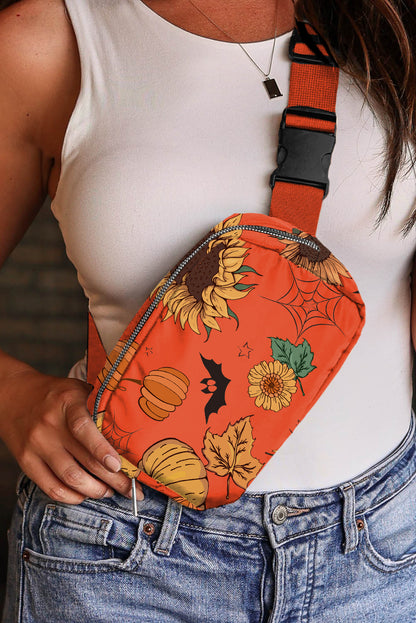 Orange Pumpkin Sunflower Halloween Graphic Crossbody Bag Orange ONE SIZE 95%PU+5%Alloy