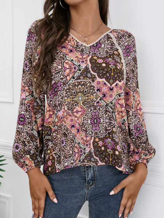 Lace Detail Printed V-Neck Blouse Brown