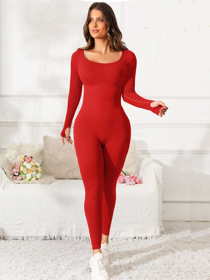 Scoop Neck Long Sleeve Active Jumpsuit Red