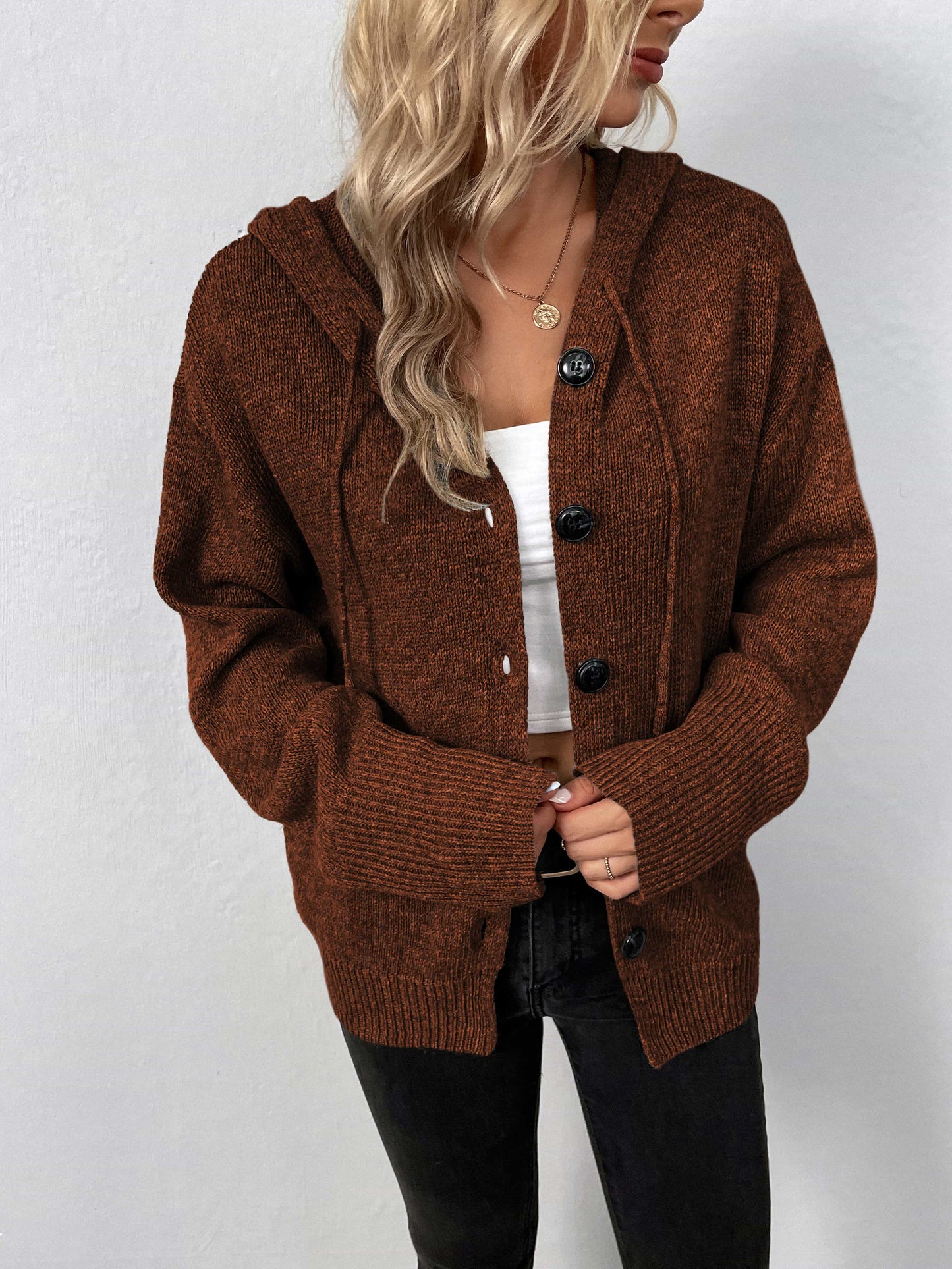 Button-Down Long Sleeve Hooded Sweater Brown