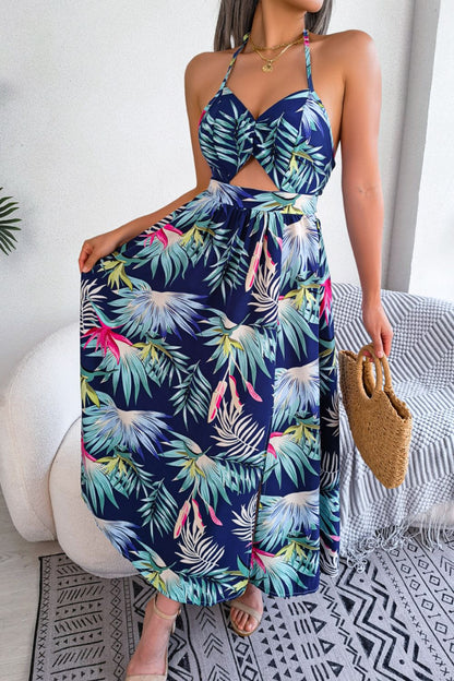 Botanical Print Tied Backless Cutout Slit Dress Dark Blue