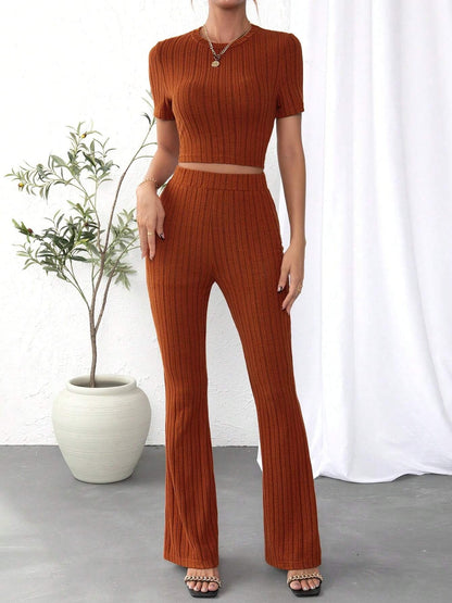 Round Neck Short Sleeve Top and Pants Set Caramel