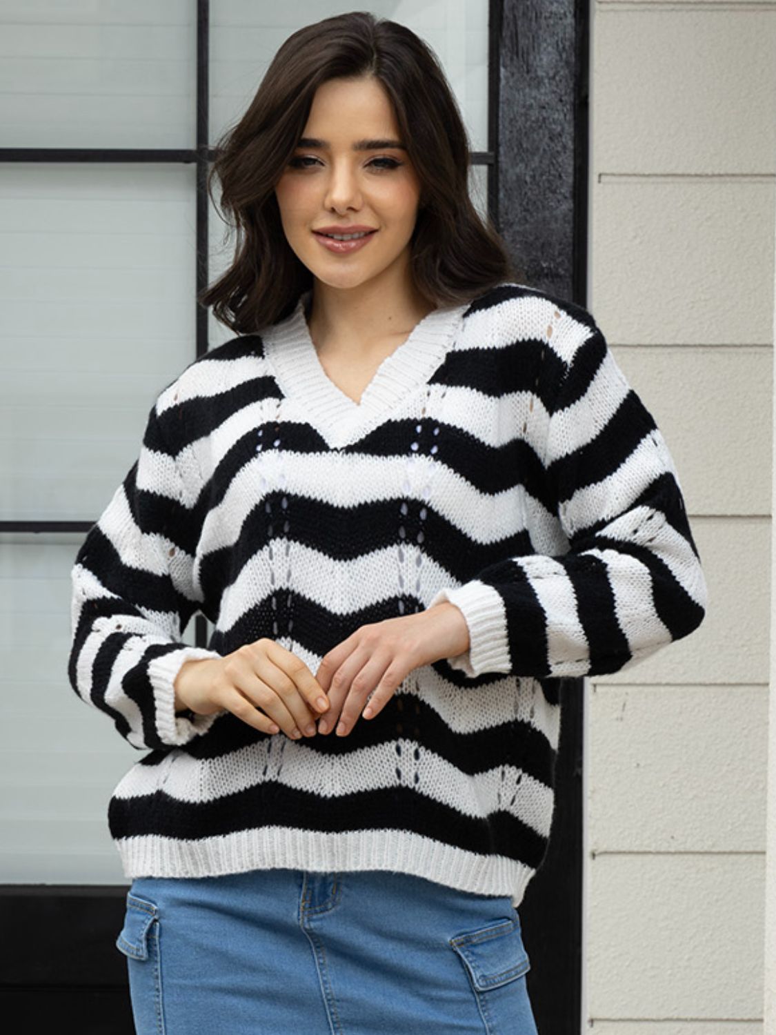 Openwork Striped V-Neck Sweater