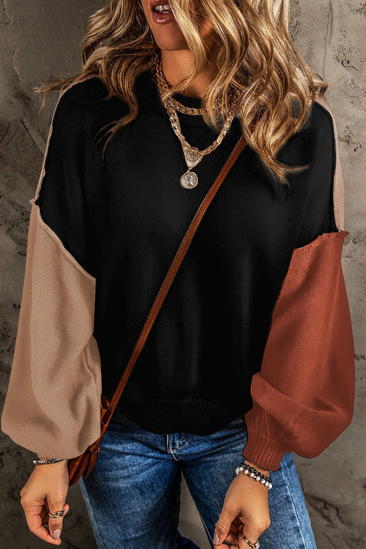 Contrast Round Neck Dropped Shoulder Sweater Black