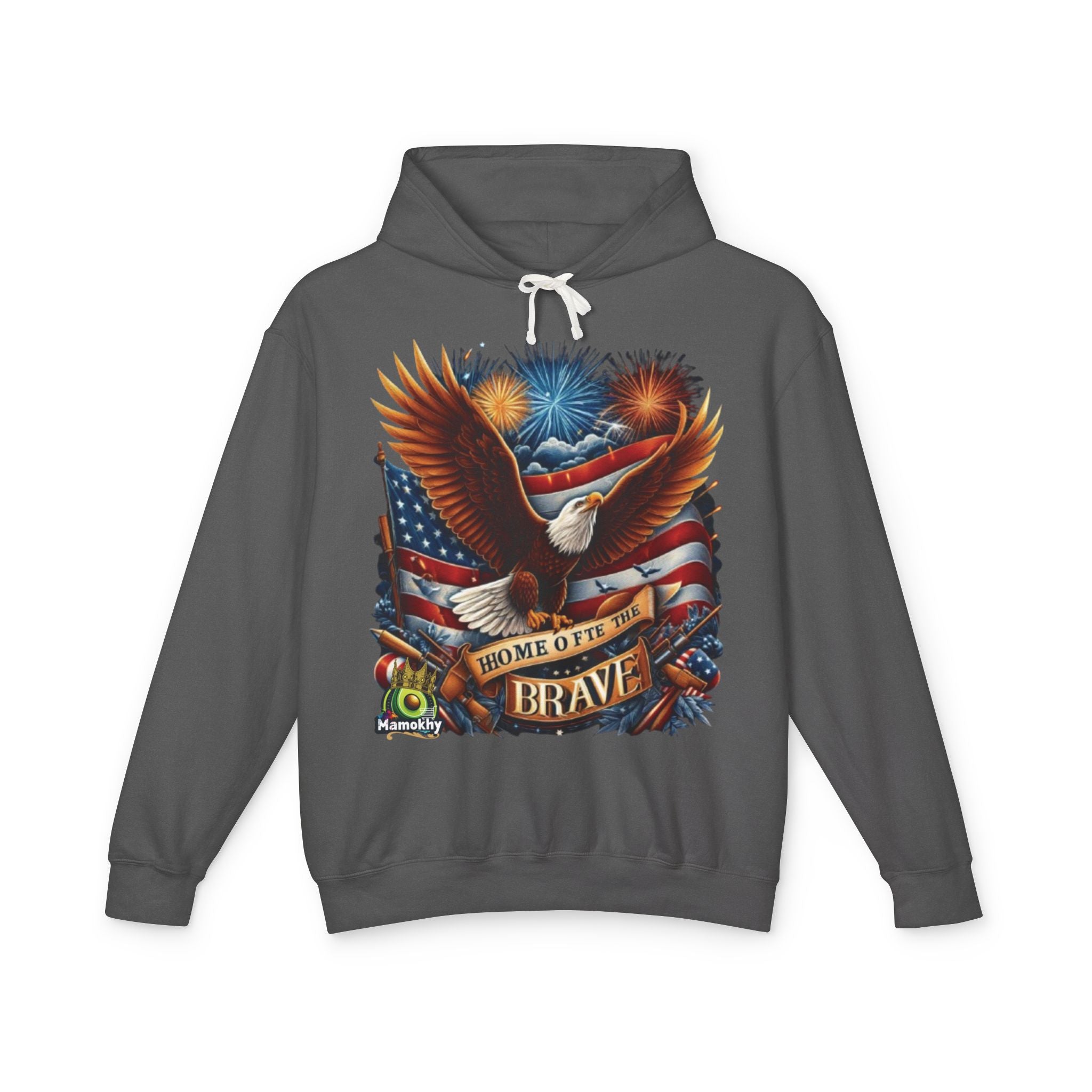 Hooded Sweatshirt - 'Home of the Brave' Bald Eagle Fireworks Illustration Pepper