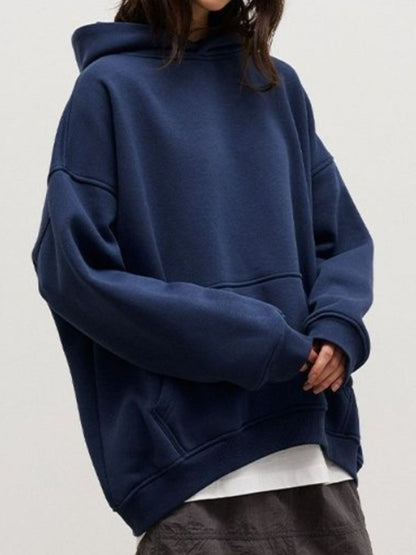 Pocketed Dropped Shoulder Long Sleeve Hoodie Navy