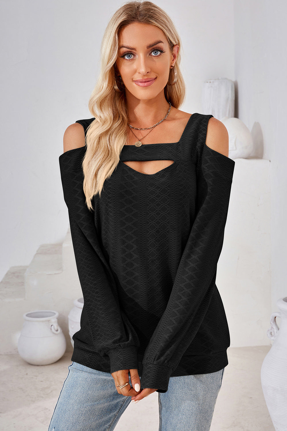 Cutout Square Neck Cold Shoulder T-Shirt Black