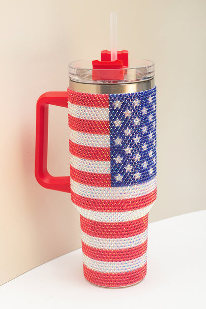 Red Rhinestone American Flag Print Handled 40oz Thermos Tumbler