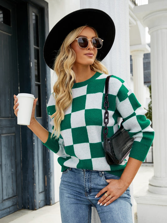 Checkered Round Neck Sweater Green