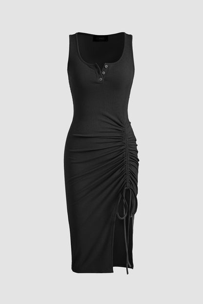 Black Drawstring Ruched Side Split Ribbed Midi Dress