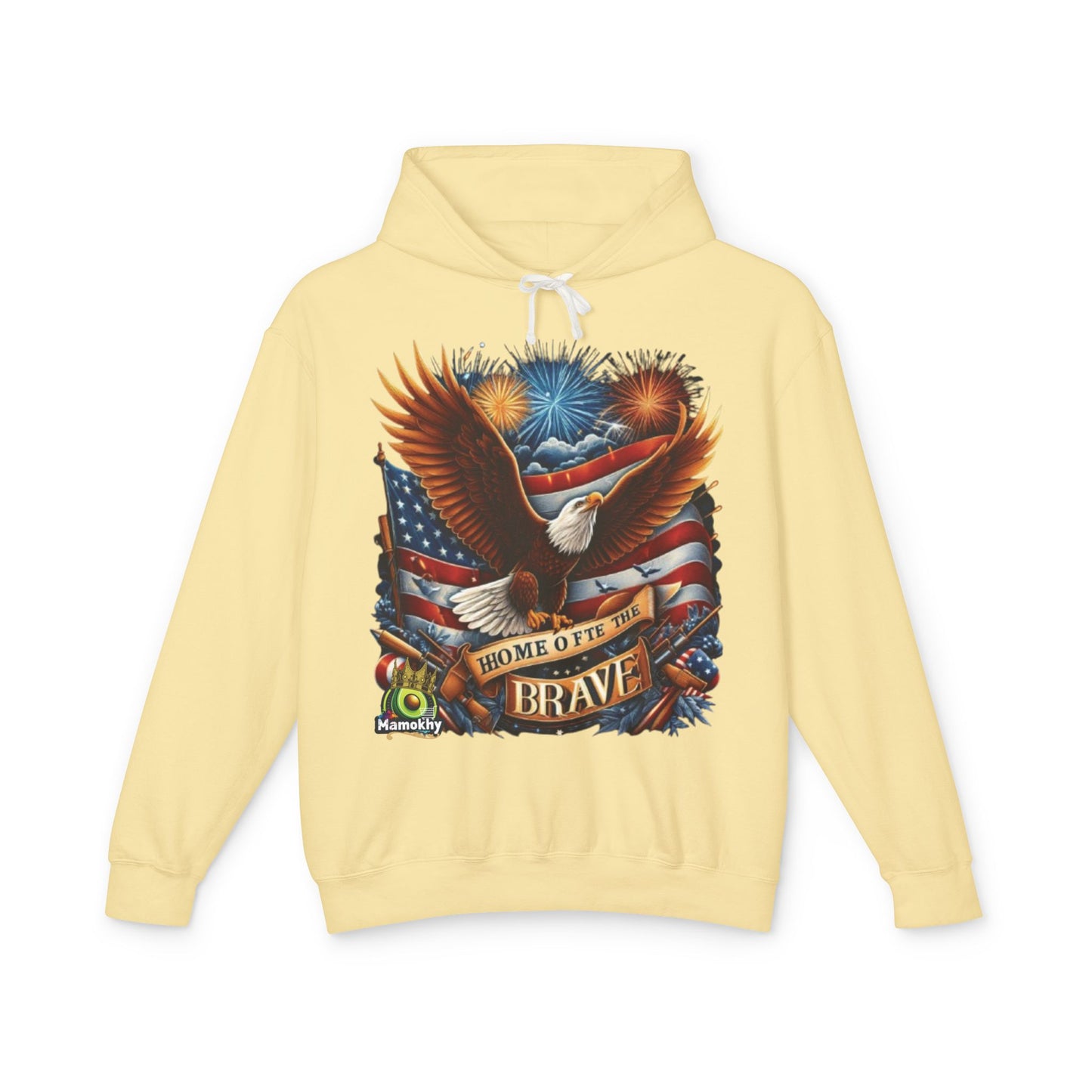 Hooded Sweatshirt - 'Home of the Brave' Bald Eagle Fireworks Illustration Butter